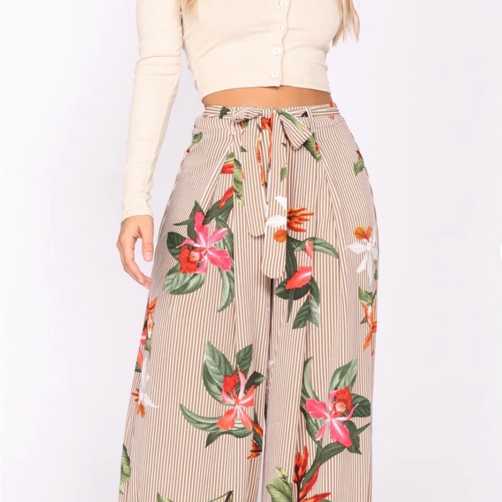 Fashion Nova Floral Wide Leg Pants - Beige and Multicolor